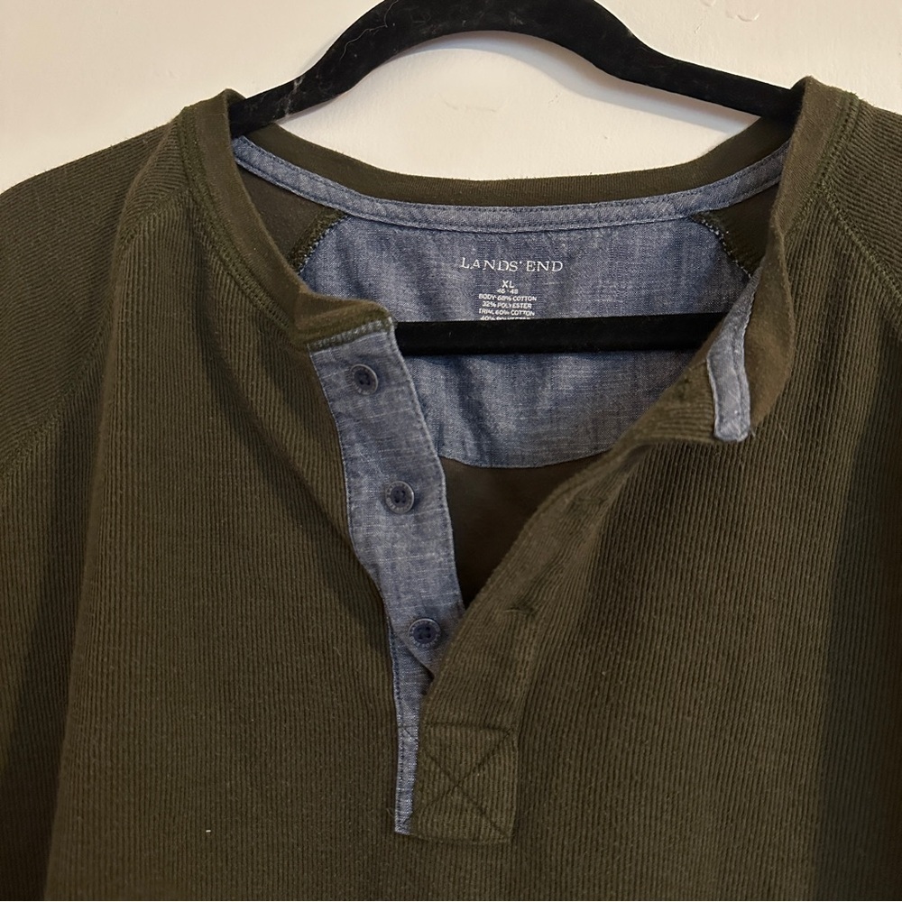 Lands End Thermal Waffle Long Sleeve Henley Hunter Green men’s XL 46-48